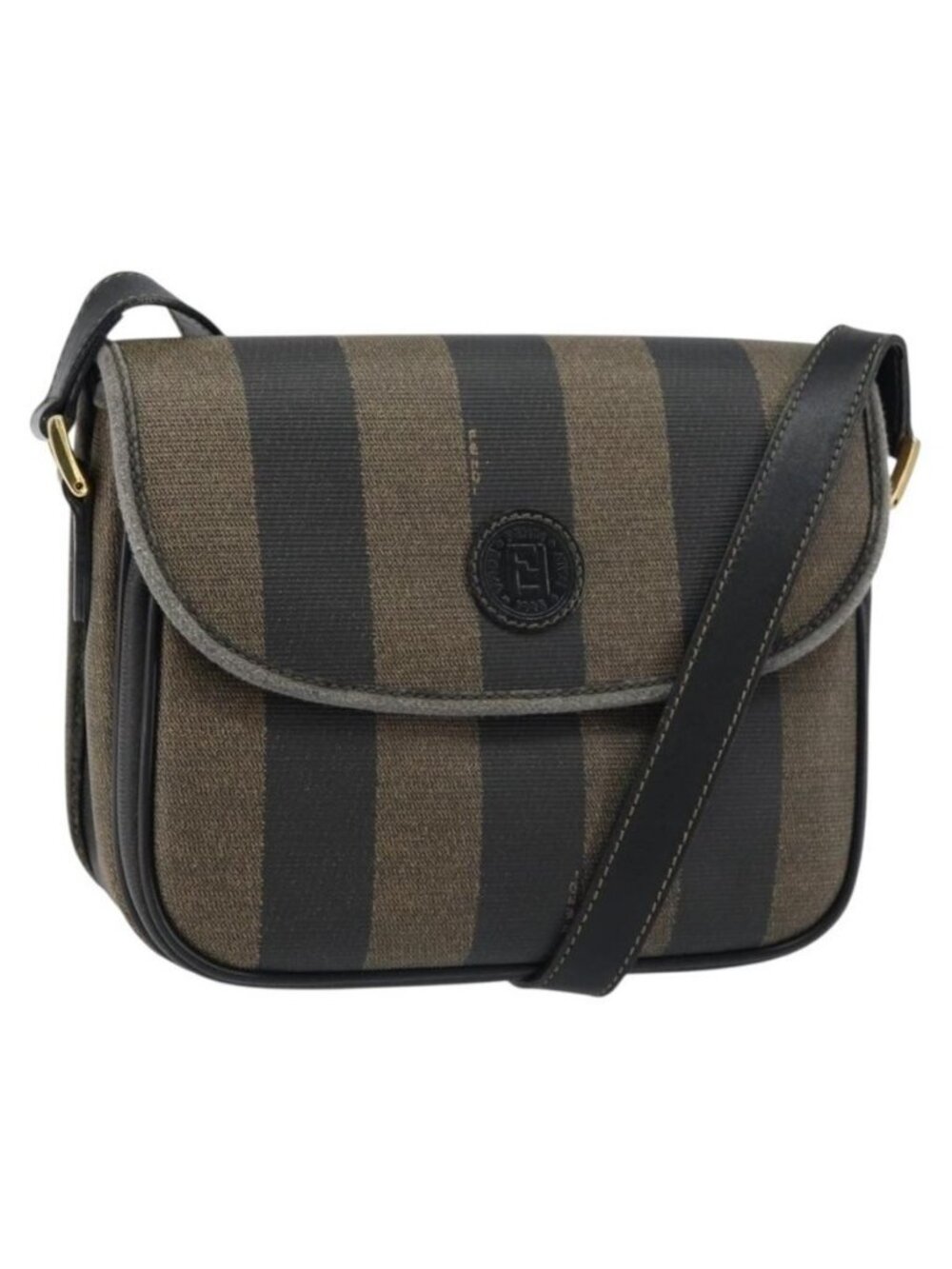 Authentic FENDI Pecan Canvas Shoulder Bag PVC Black Brown gold